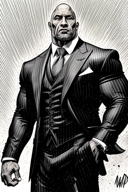 monochrome  drawing   Dwayne "The Rock" Johnson as a billionaire mobster in a fine tailored pinstripe suit by WoD1  <hyper...